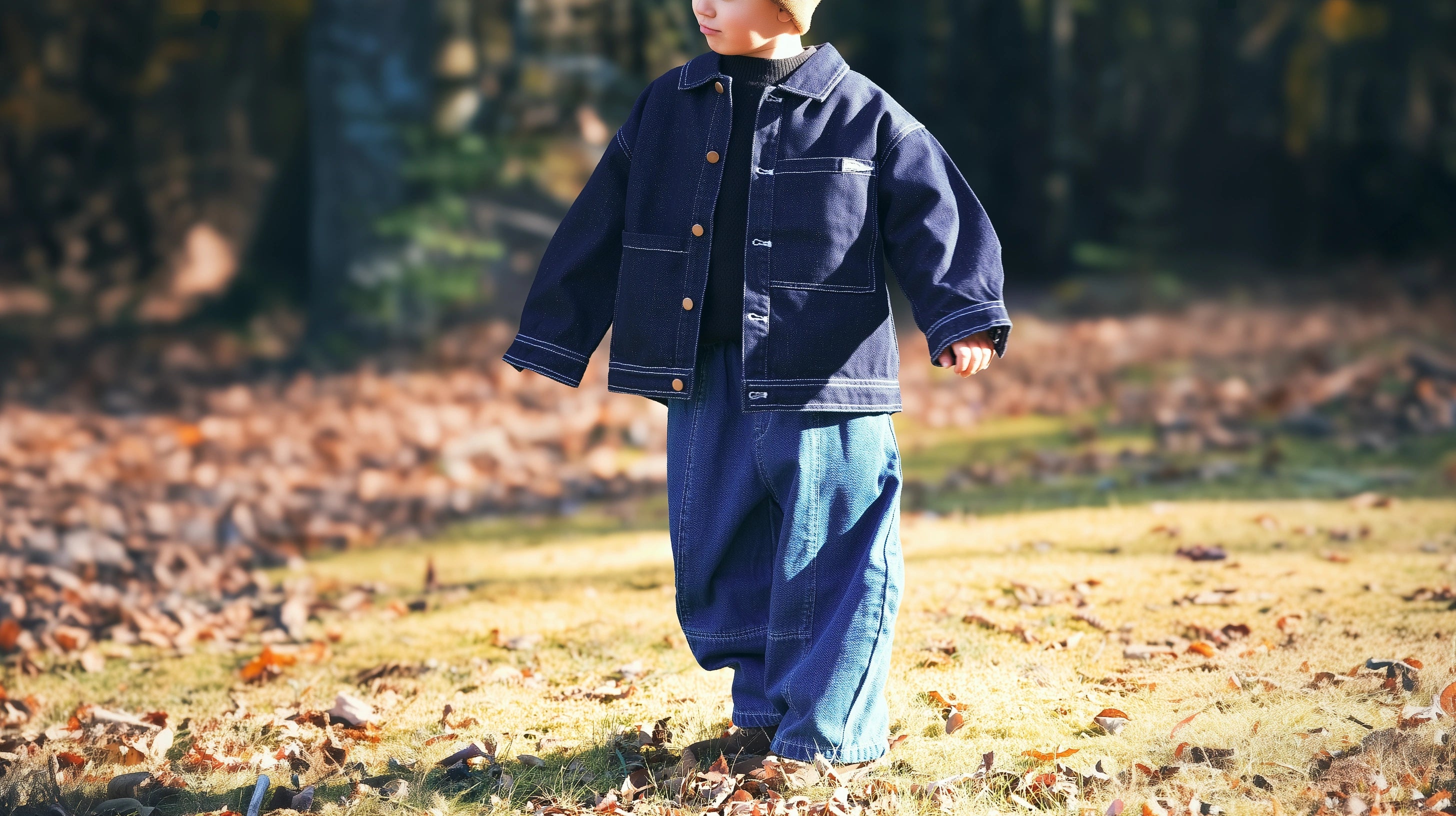 Boy wearing goodboy denim jacket, signature stitch blue denim pants and knit pullover in black from Little Aurel.