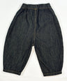 Black barrel-fit denim pants for toddler boys with contrast yellow stitching and wide relaxed cut by Little Aurel.