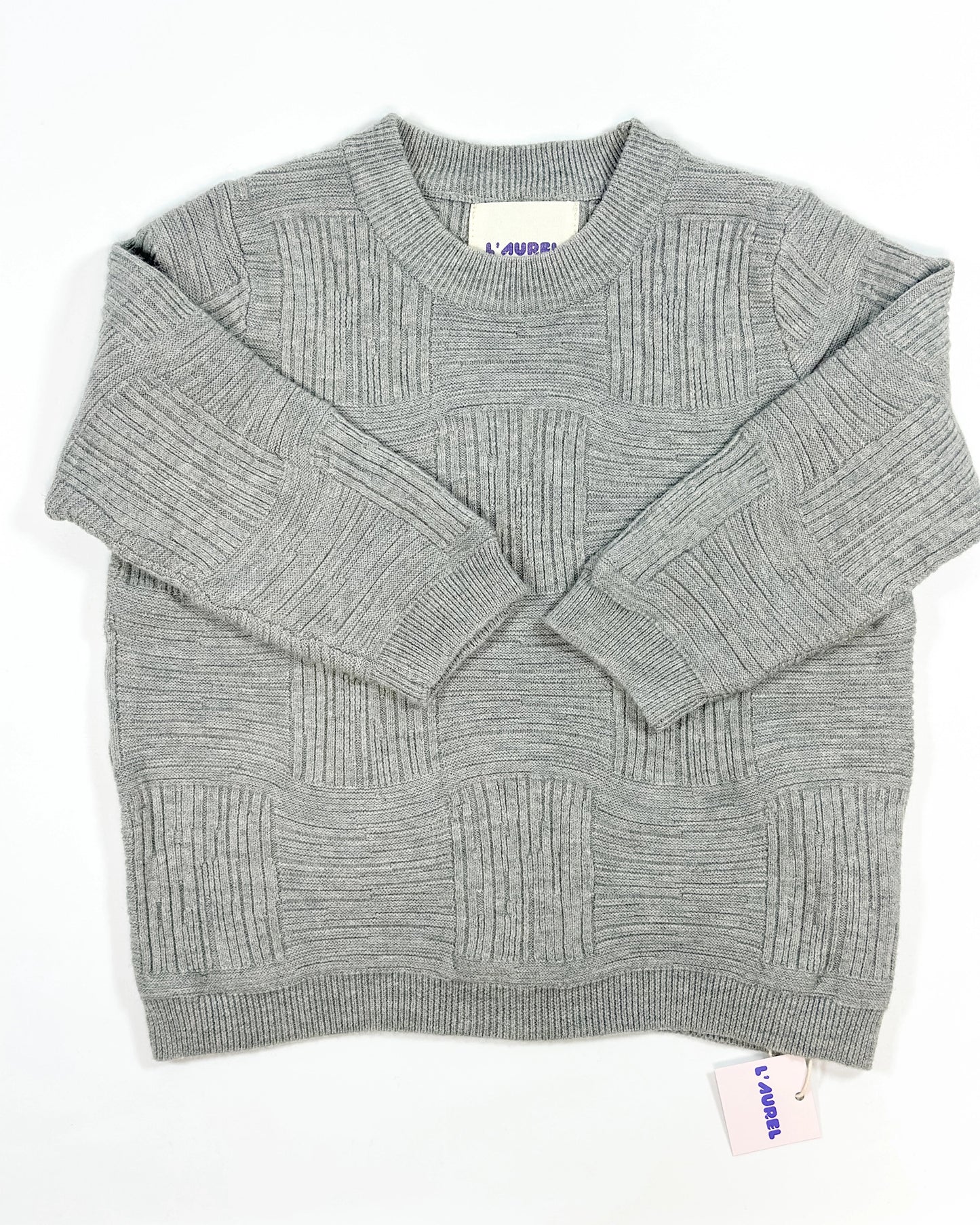 Gray cross-texture knit sweater for toddler boys with ribbed details and relaxed fit by Little Aurel.