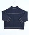 Dark blue denim jacket for toddler boys with front pocket details, silver buttons, and “Good Boy” embroidery by Little Aurel.