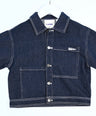 Dark blue denim jacket for toddler boys with front pocket details, silver buttons, and “Good Boy” embroidery by Little Aurel.