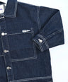 Dark blue denim jacket for toddler boys with front pocket details, silver buttons, and “Good Boy” embroidery by Little Aurel.