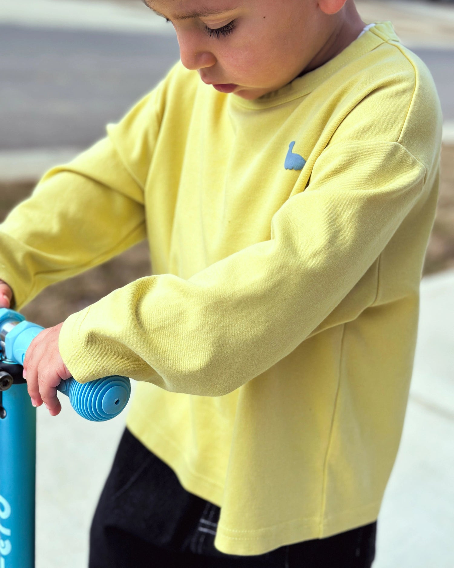 Model wearing oversized fit graphic longsleeve in soft pistachio from Little Aurel