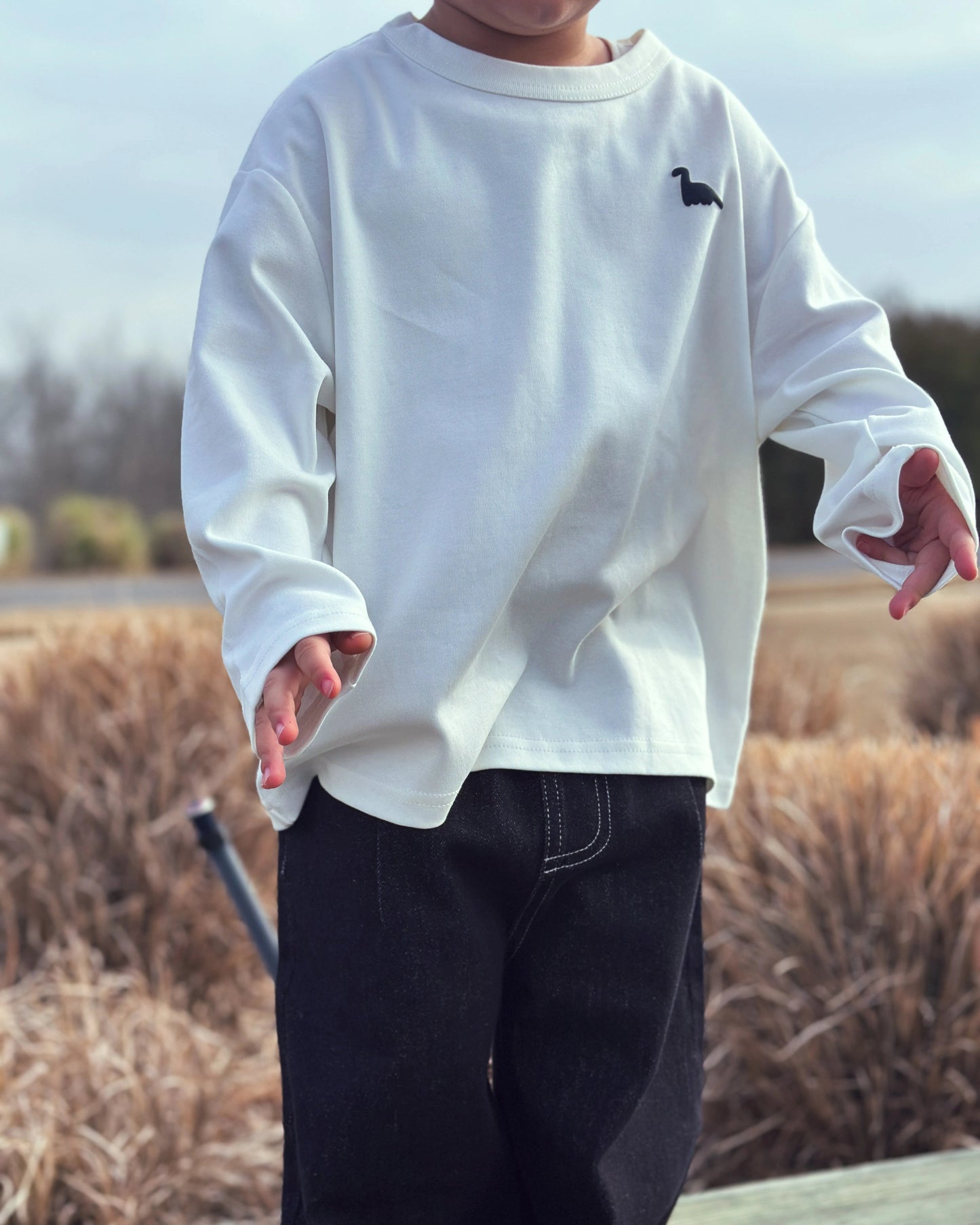 Model wearing a white oversized graphic long-sleeve shirt with a small logo, standing in a field