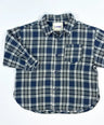 Oversized plaid blouse for toddler boys in navy and grey with front pocket and button-down design by Little Aurel.