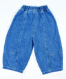 Signature denim pants for toddler boys in blue washed look with wide barrel fit and deep front pockets by Little Aurel.