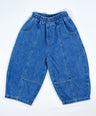 Signature denim pants for toddler boys in blue washed look with wide barrel fit and deep front pockets by Little Aurel.