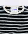 Black and white striped knit pullover for toddler boys with cream neckline and cuffs by Little Aurel
