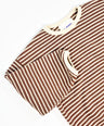 Brown and white striped knit pullover for toddler boys with cream neckline and cuffs by Little Aurel