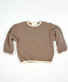 Brown and white striped knit pullover for toddler boys with cream neckline and cuffs by Little Aurel
