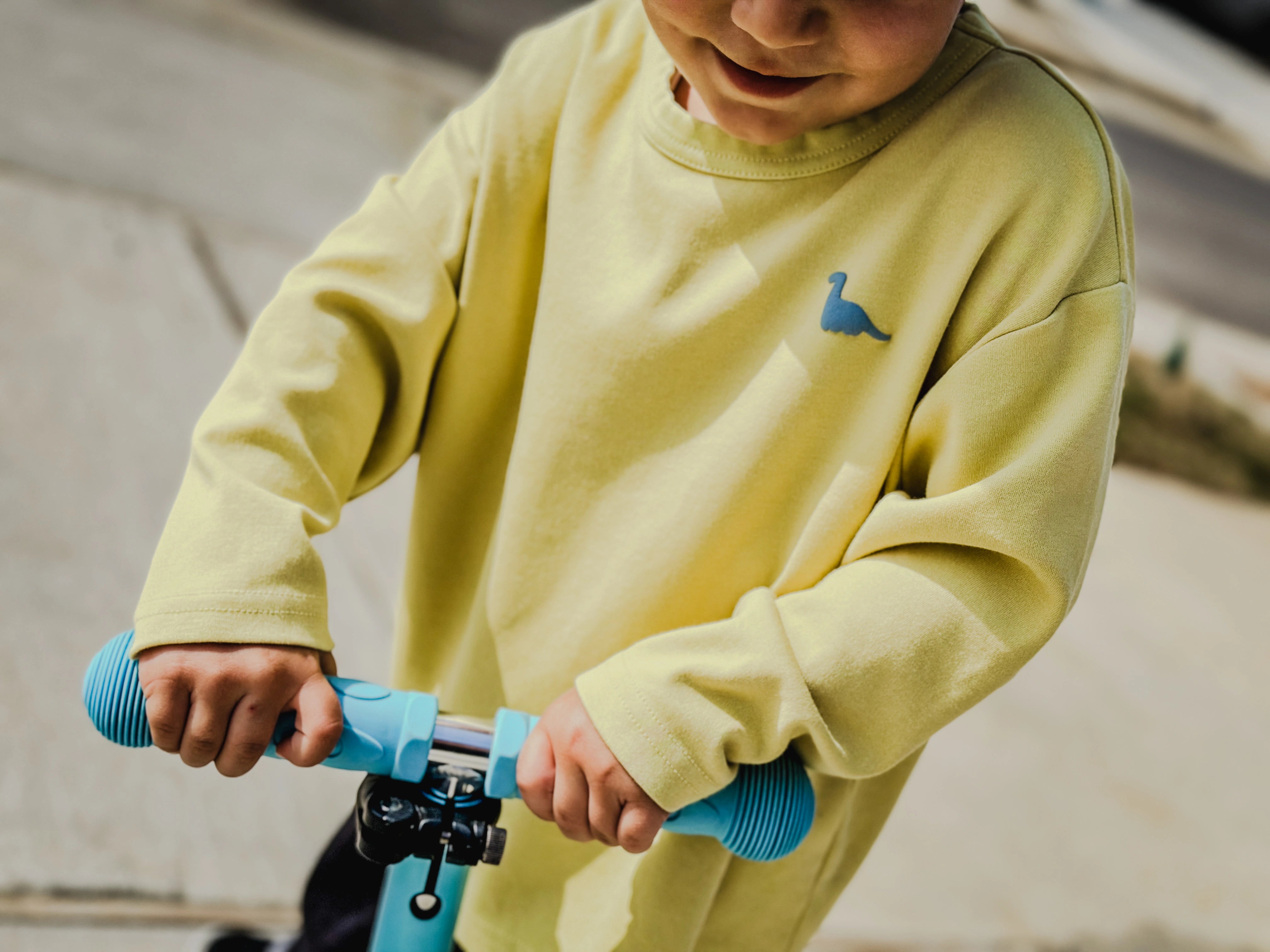 Child wearing a soft pistachio colored Longsleeve with a small dino print, from Little Aurel