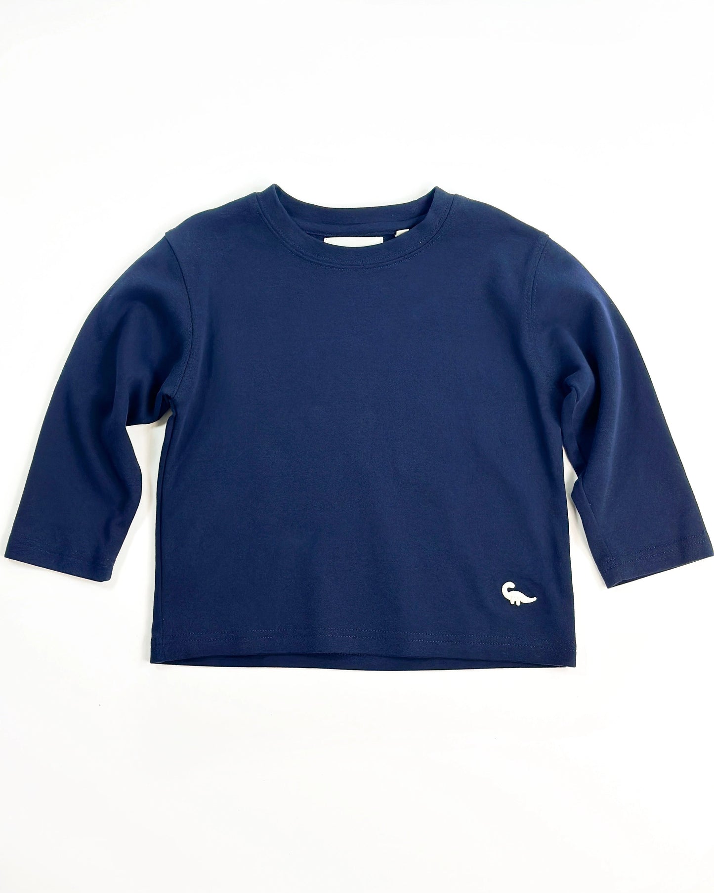 Loose-fit longsleeve shirt for kids in navy blue with small dinosaur embroidery